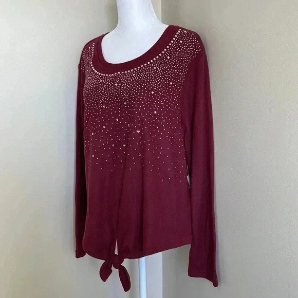 LC Couture Burgundy Jeweled Front Tie Sweater - Picture 5 of 14